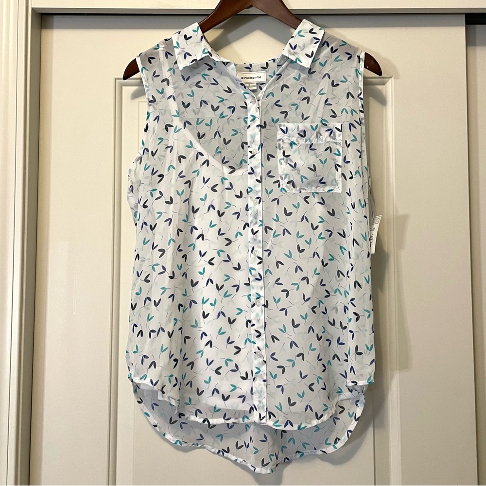 Liz Claiborne Peasant White Blouse with Leaf Floral Pattern Pocket Lined NWT!